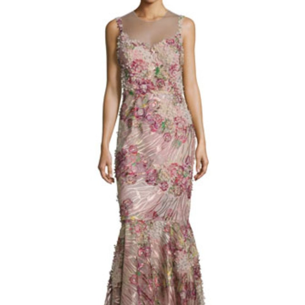 Rickie Freeman for Teri Jon Pink Floral Embroidered Mesh Gown